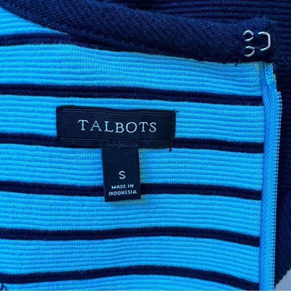 Talbots Dress Aqua Navy Blue Strpied Ribbed Knit A Line Flared Full Zip Sz S - Picture 3 of 15